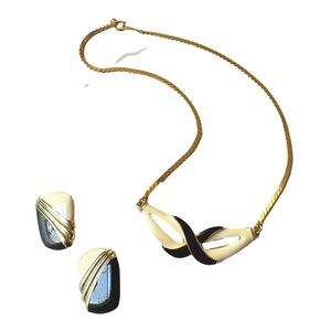 Vintage Gold Tone Black Cream Enamel Necklace Clip-on Costume Earring Set